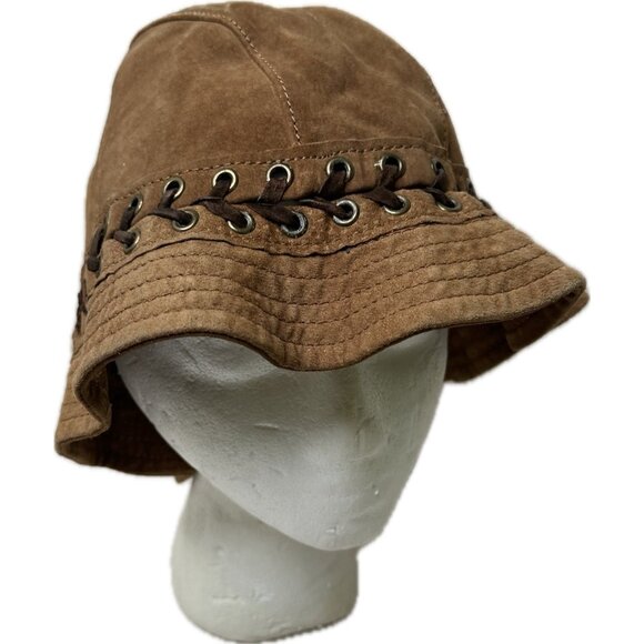 Wilsons Leather Brown Suede Lace-Up Bucket Hat Western Boho Grommet L - Picture 1 of 8